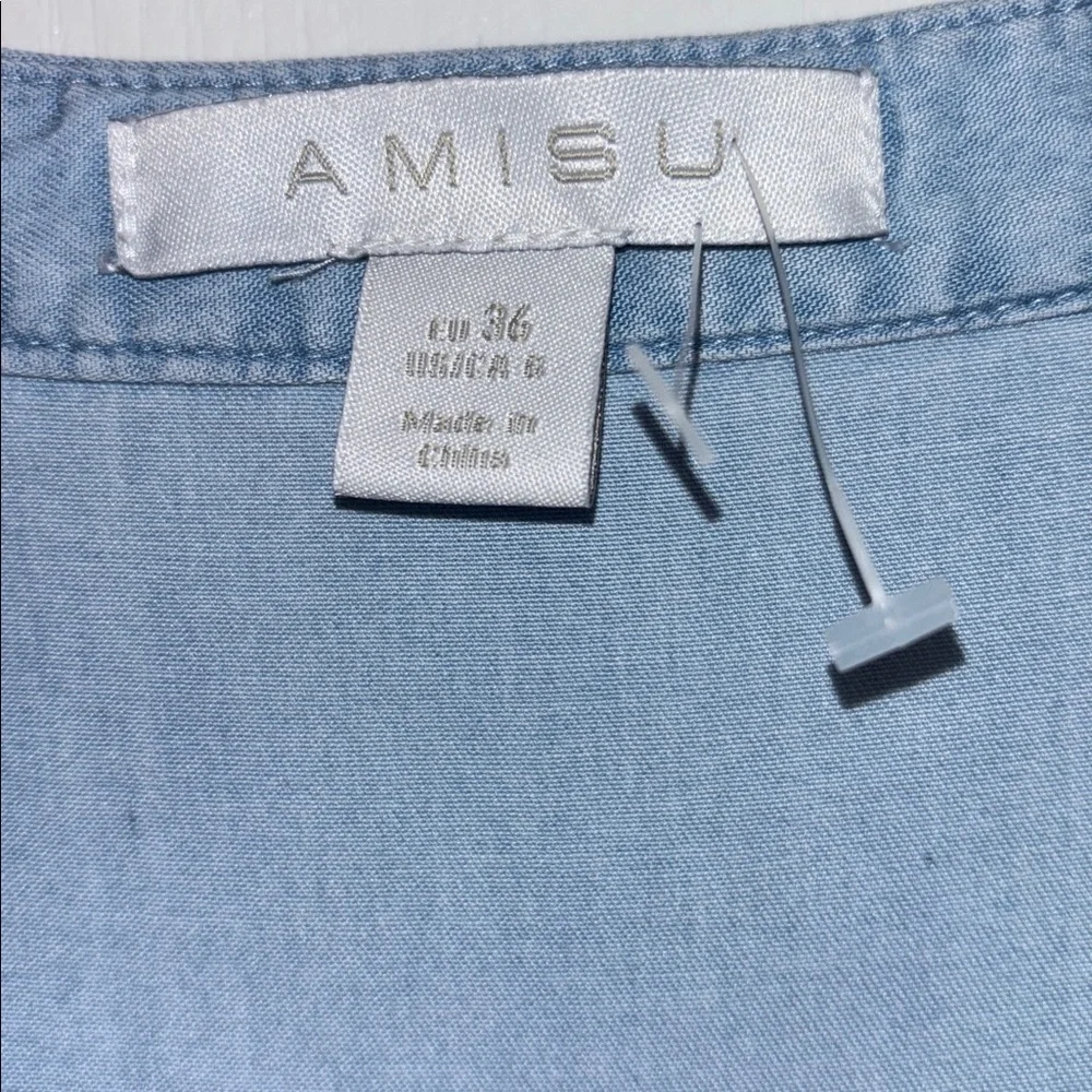 AMISU LIGHT BLUE DENIM DRESS TWO TIERED V NECK 3/4β BELL SLEEVES BOTTOM RUFFLE - Picture 7 of 16